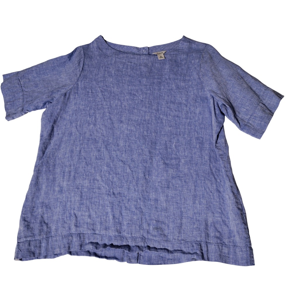 LL Bean Womens Blue 100% Linen Button Back Short Sleeve Blouse Top Medium 504272